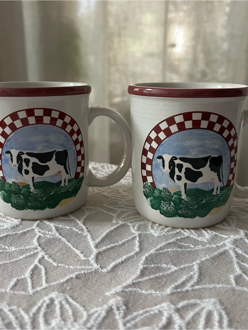 Vintage Checkered Farmhouse Cow Coffee Mugs